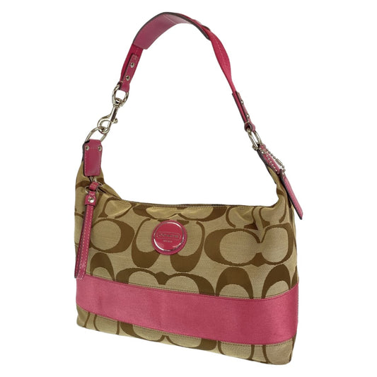 COACH コーチ シグネチャー ベージュ 茶 ピンク シルバー金具 キャンバス ハンドバッグ 肩掛け  レディース