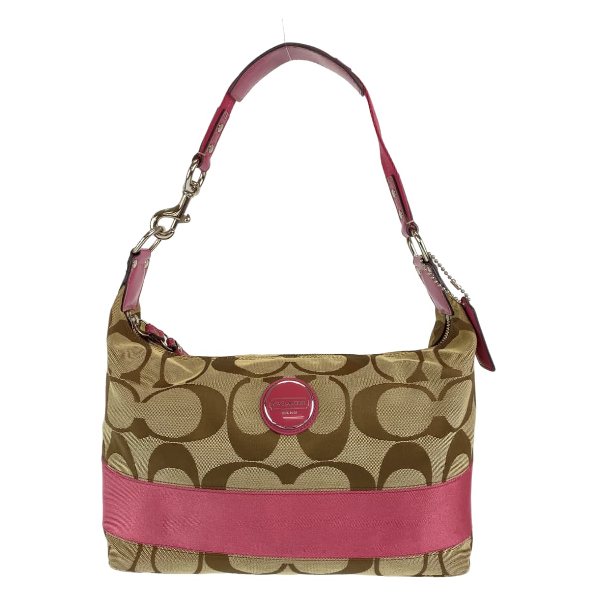 COACH コーチ シグネチャー ベージュ 茶 ピンク シルバー金具 キャンバス ハンドバッグ 肩掛け  レディース