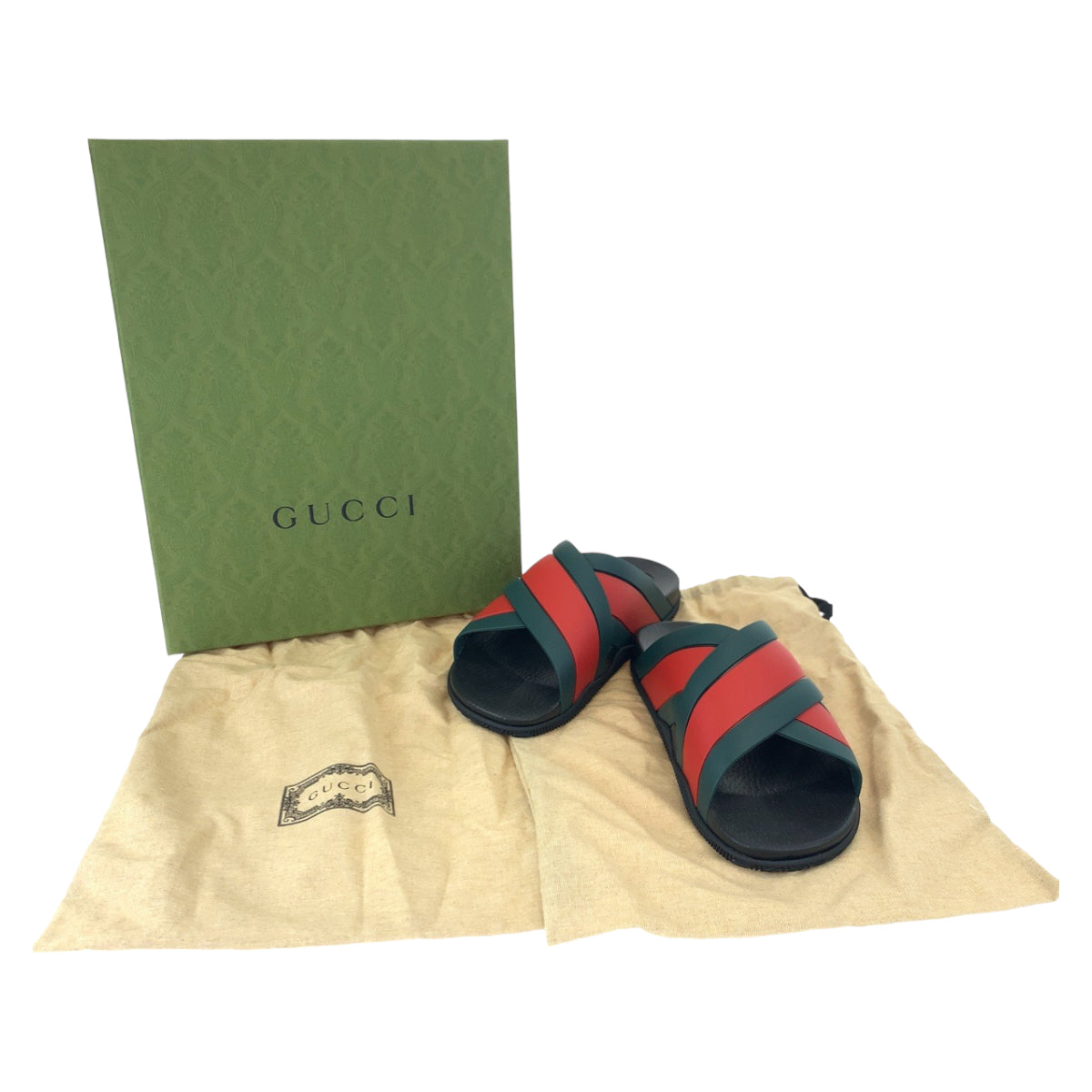 GUCCI グッチ シェリーライン クロスラバー サイズ9 ブラック 黒 グリーン 緑 レッド 赤 ビニール 630326 サンダル ビーチサンダル  メンズ