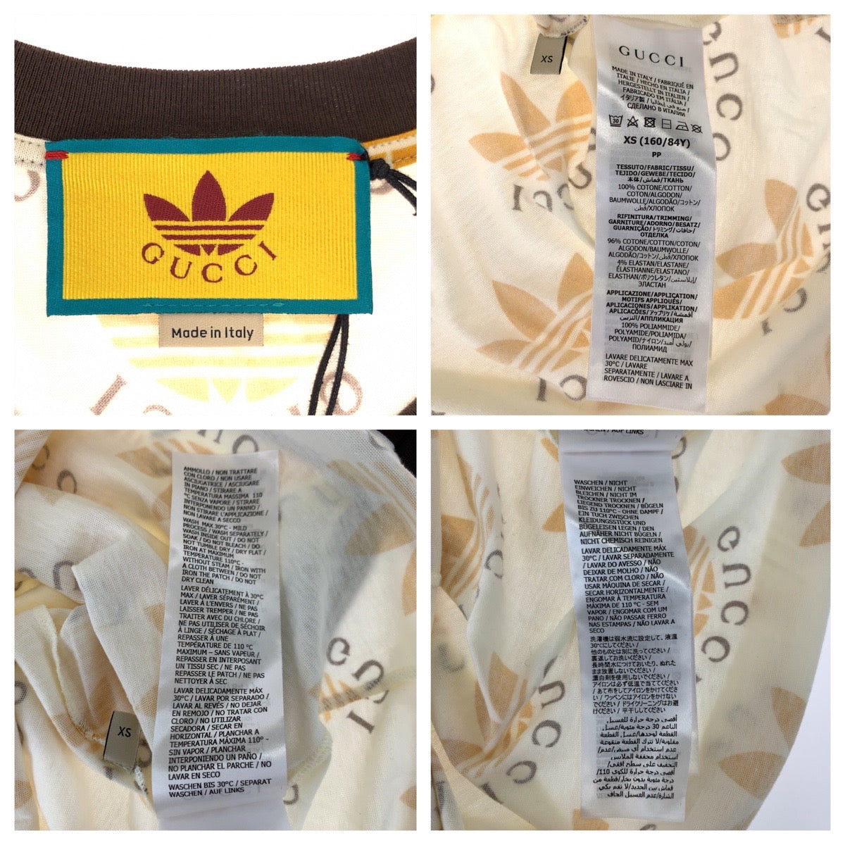 10483
GUCCI グッチ adidas×GUCCI ロゴ サイズXS クリーム オレンジ ブラック 黒 コットン 693539 半袖Tシャツ Vネック 短丈  レディース