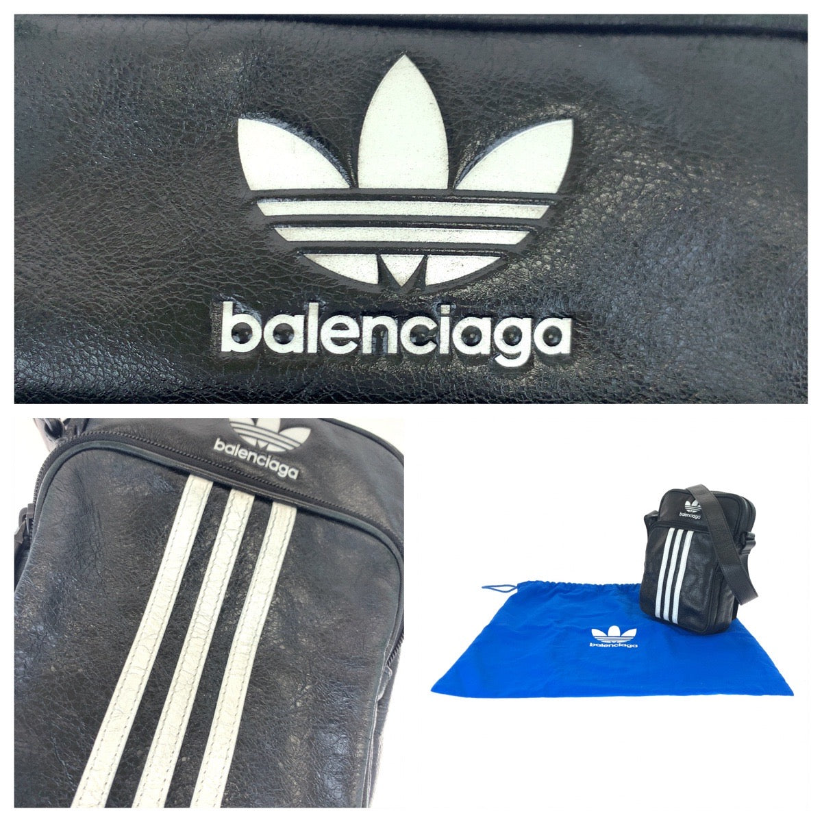 H-00640
BALENCIAGA バレンシアガ adidas×BALENCIAGA スリーライン ロゴ ヴィンテージ加工 ブラック 黒 ホワイト 白 レザー 721850 ショルダーバッグ 斜め掛け 男女兼用  メンズ
