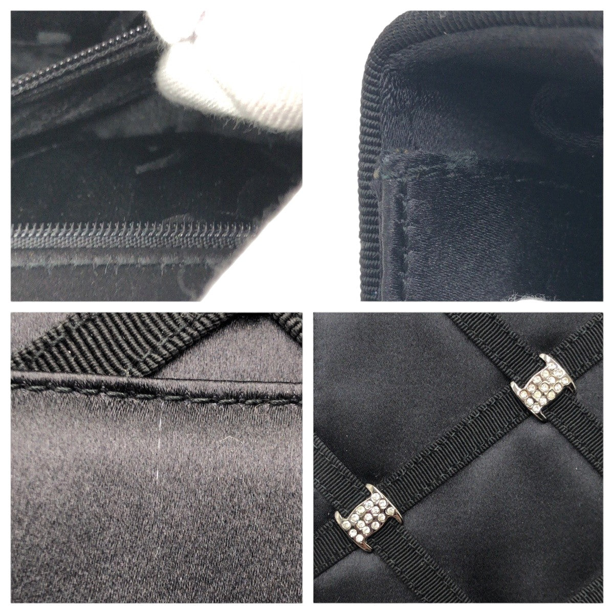 10488
Salvatore Ferragamo サルヴァトーレフェラガモ ヴァラ ラインストーン ブラック 黒 シルバー金具 サテン 斜め掛け ショルダーバック ポシェット  レディース