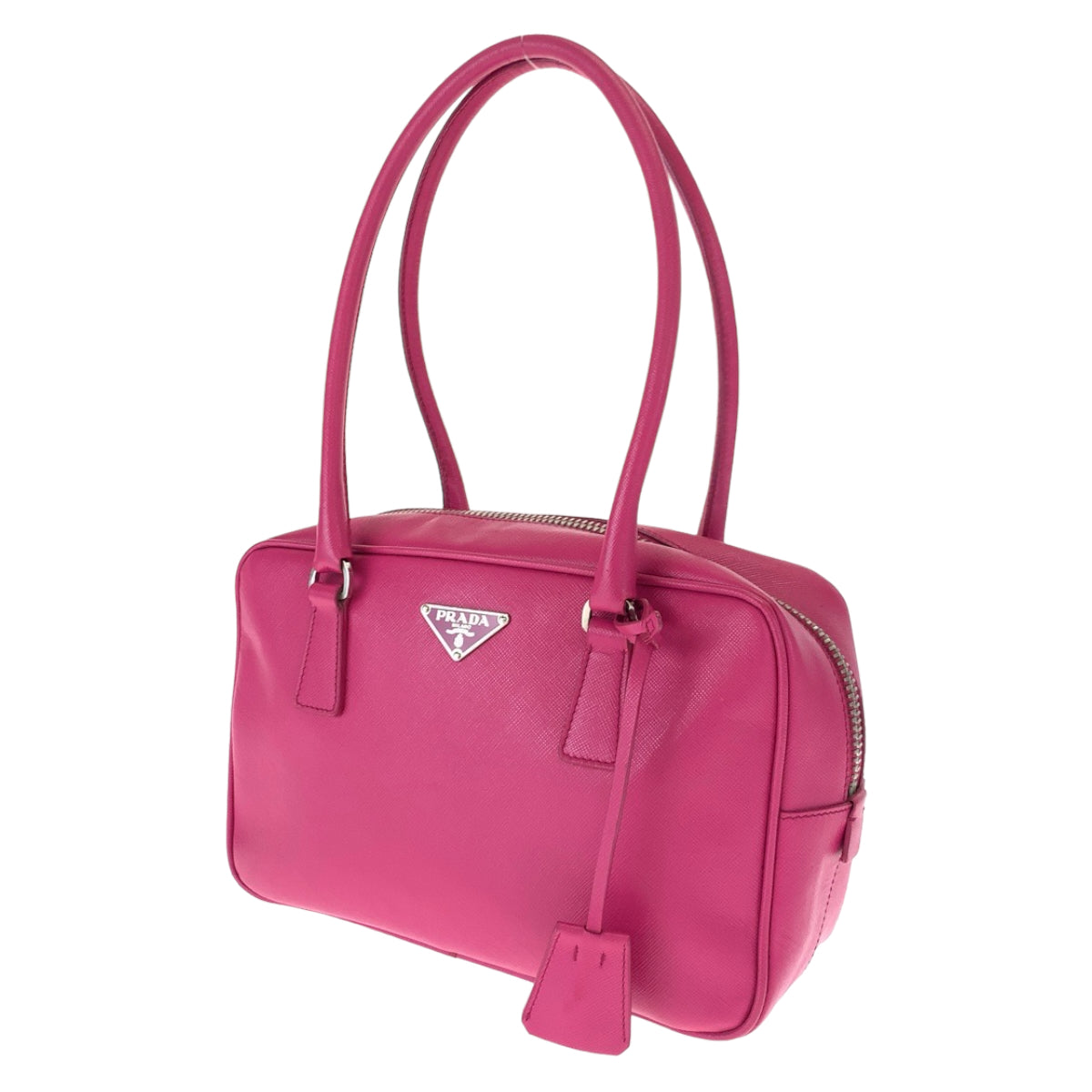 PRADA Prada Saffiano Triangle Logo Plate Pink Silver Hardware Leather Shoulder Bag Handbag Women's