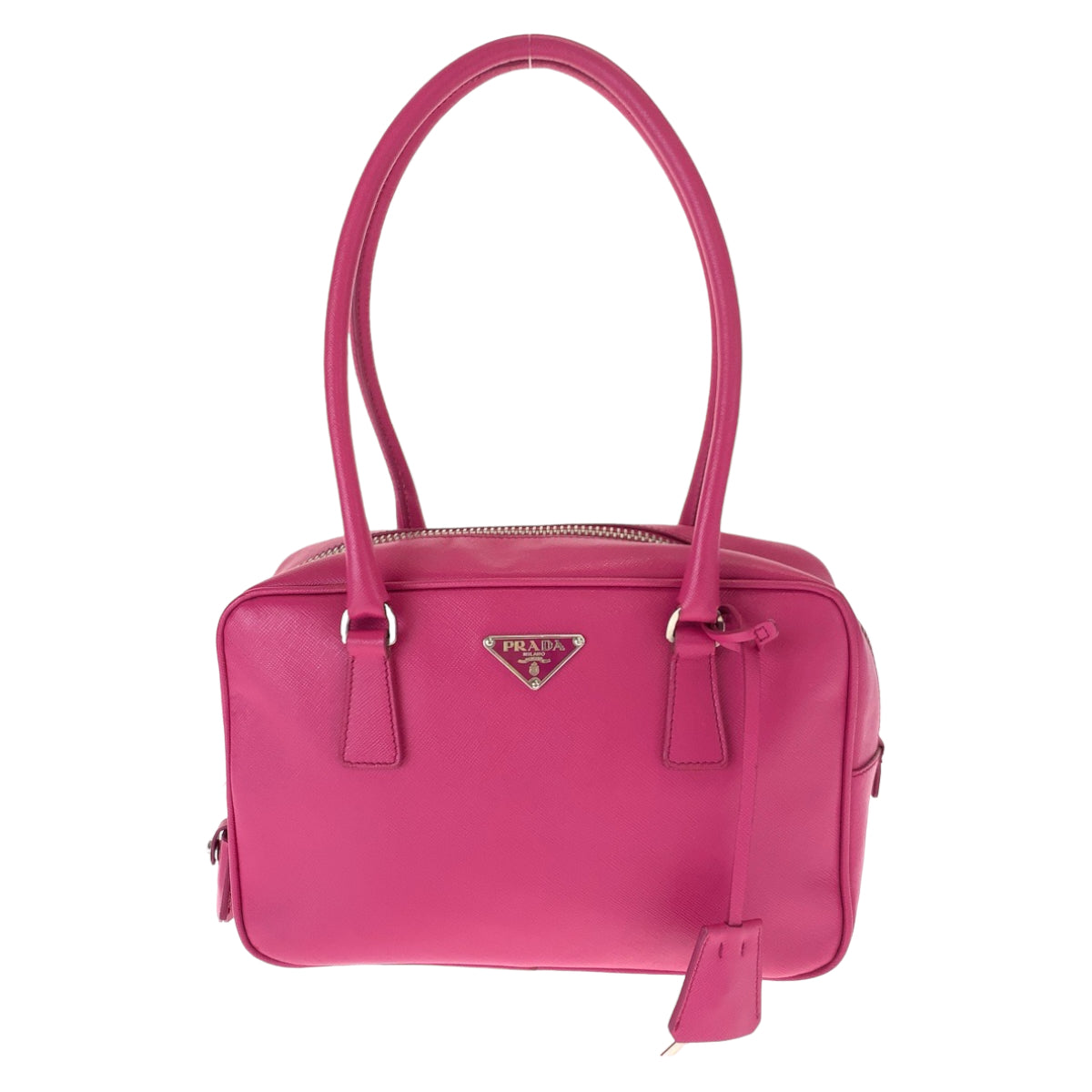 PRADA Prada Saffiano Triangle Logo Plate Pink Silver Hardware Leather Shoulder Bag Handbag Women's