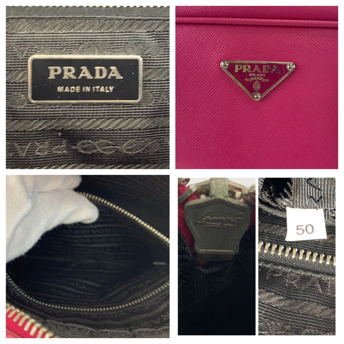 PRADA Prada Saffiano Triangle Logo Plate Pink Silver Hardware Leather Shoulder Bag Handbag Women's