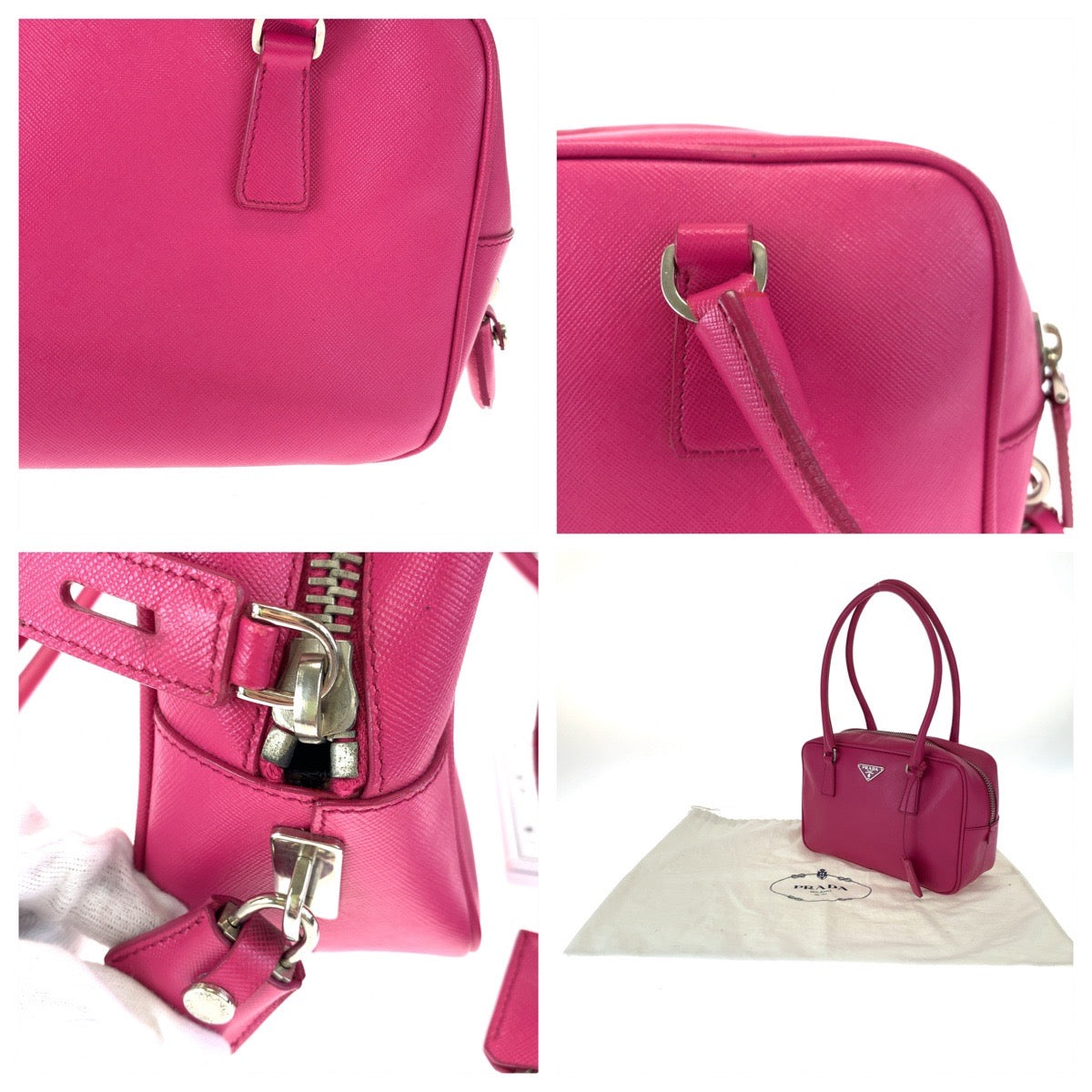 PRADA Prada Saffiano Triangle Logo Plate Pink Silver Hardware Leather Shoulder Bag Handbag Women's