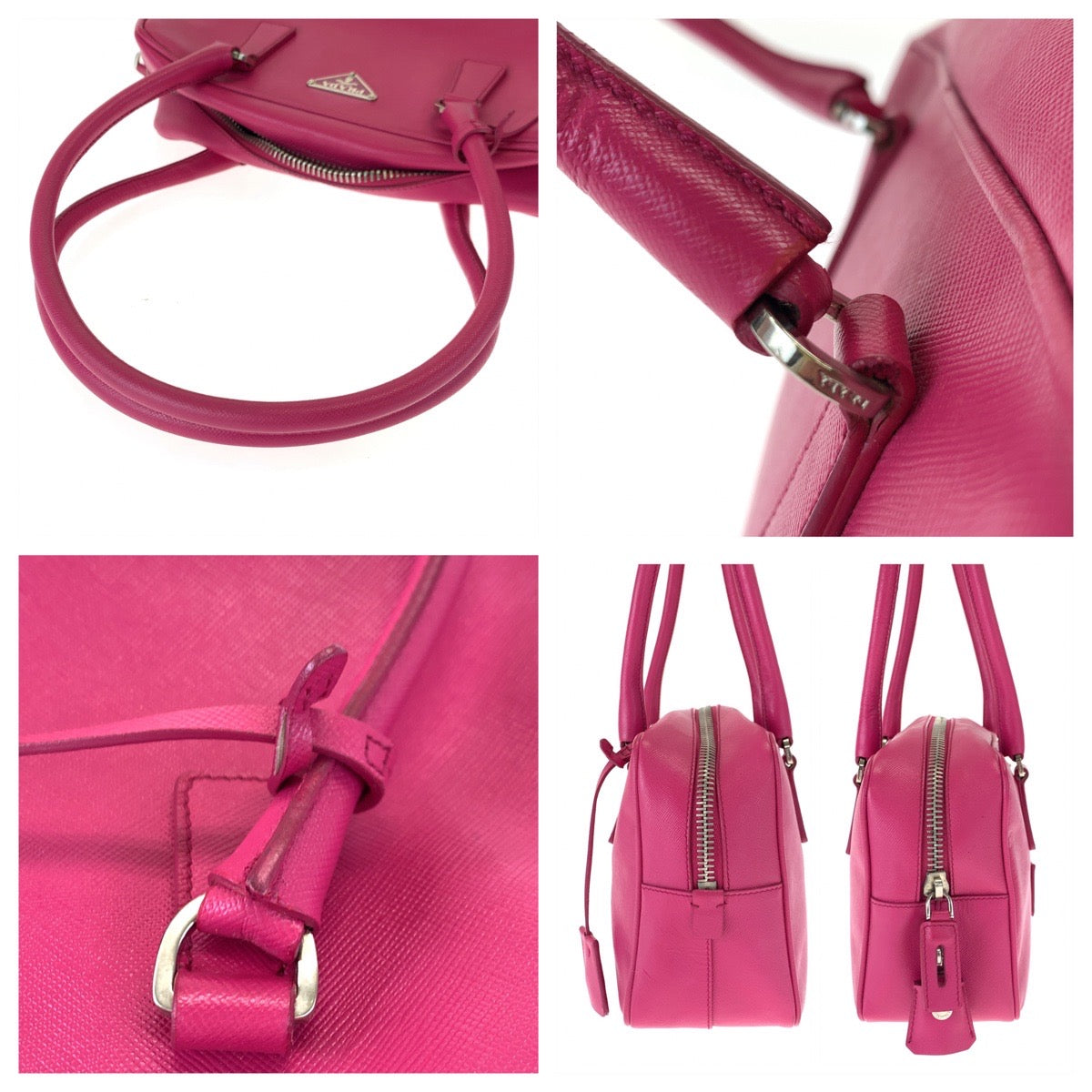 PRADA Prada Saffiano Triangle Logo Plate Pink Silver Hardware Leather Shoulder Bag Handbag Women's