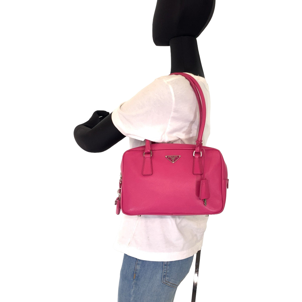 PRADA Prada Saffiano Triangle Logo Plate Pink Silver Hardware Leather Shoulder Bag Handbag Women's