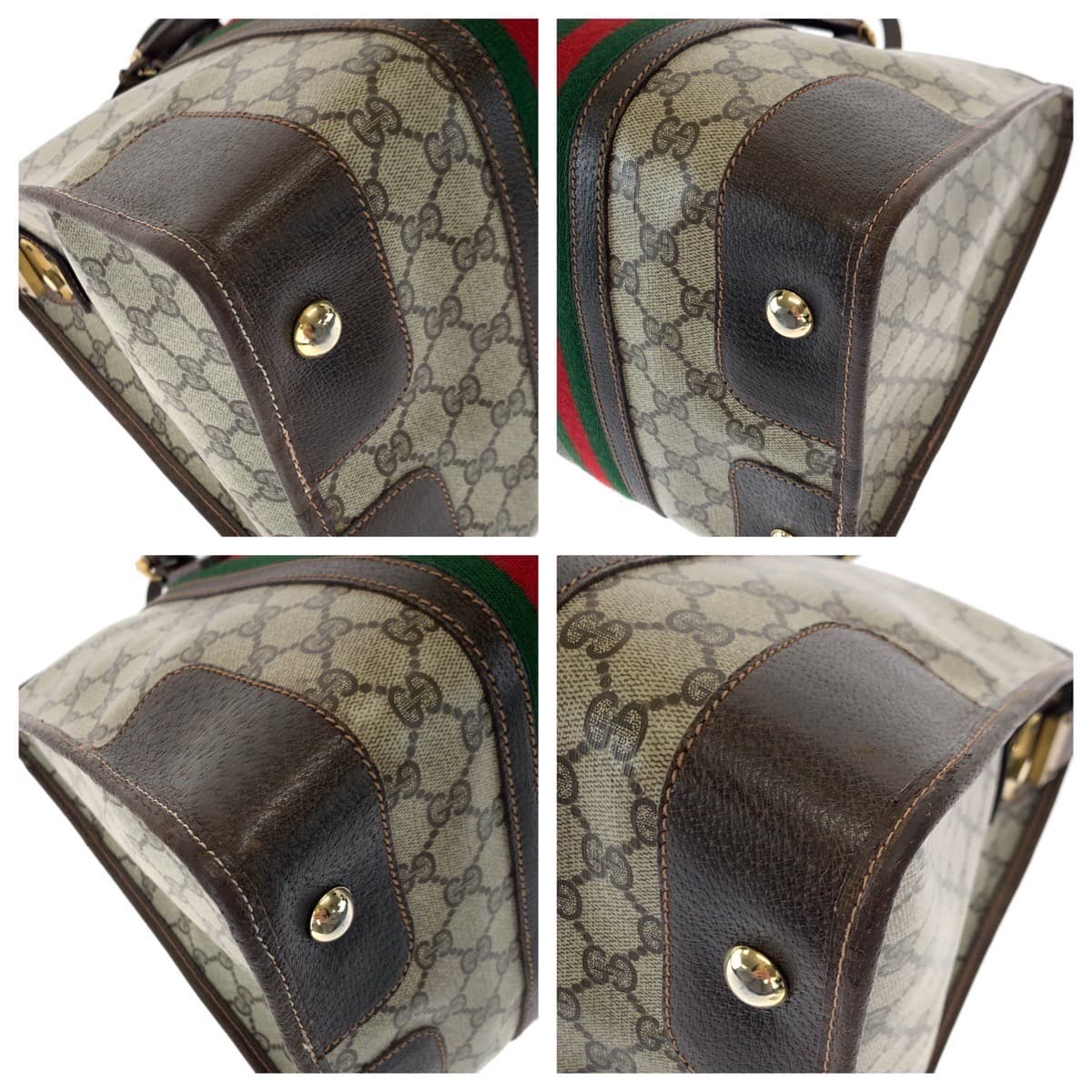 GUCCI グッチ ヴィンテージ オールドグッチ シェリーライン ウェビング ブラウン 茶 ベージュ PVC ハンドバッグ ボストンバッグ  レディース