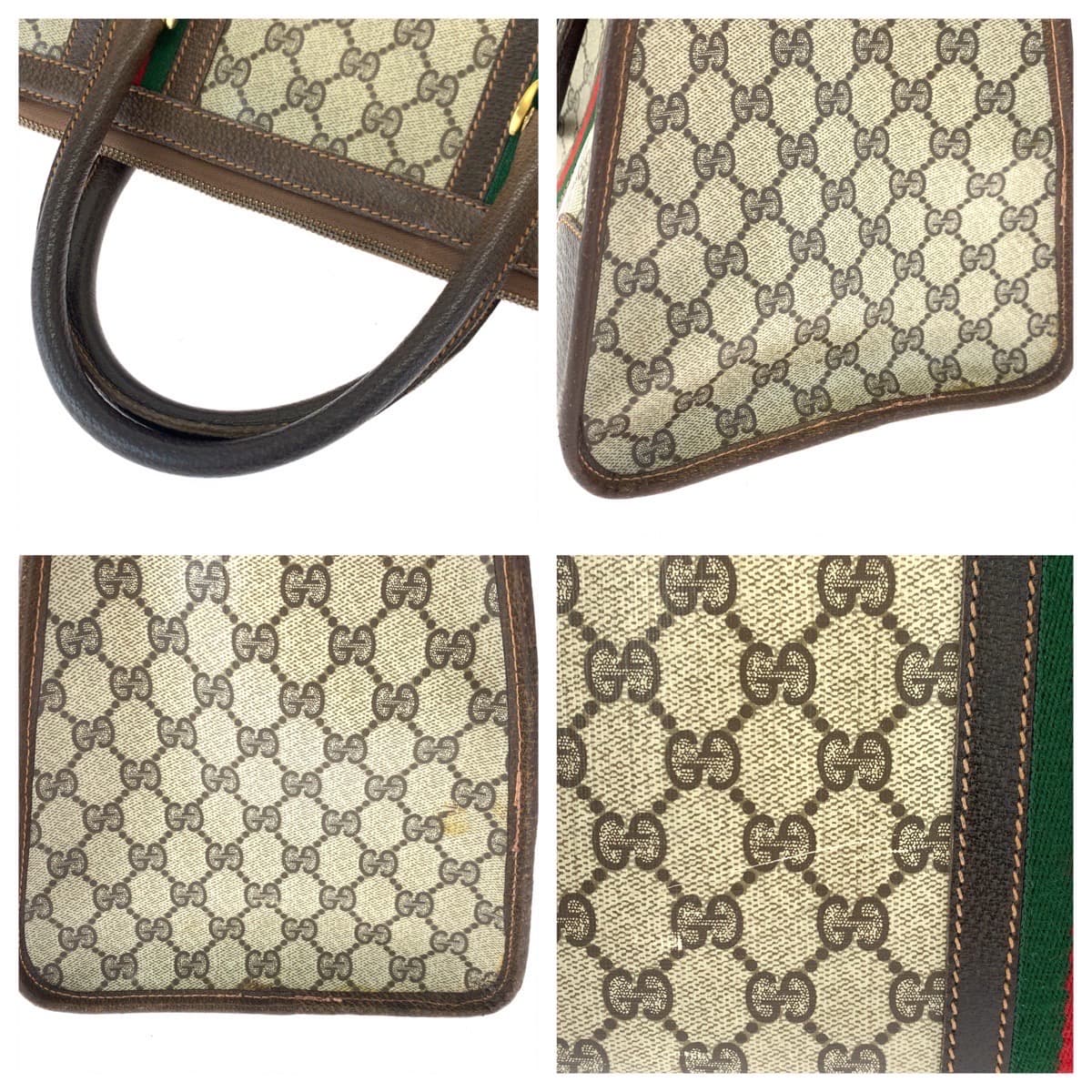 GUCCI グッチ ヴィンテージ オールドグッチ シェリーライン ウェビング ブラウン 茶 ベージュ PVC ハンドバッグ ボストンバッグ  レディース