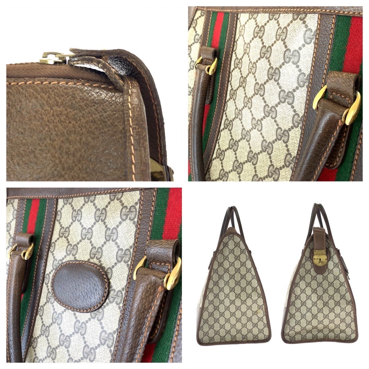 GUCCI グッチ ヴィンテージ オールドグッチ シェリーライン ウェビング ブラウン 茶 ベージュ PVC ハンドバッグ ボストンバッグ  レディース