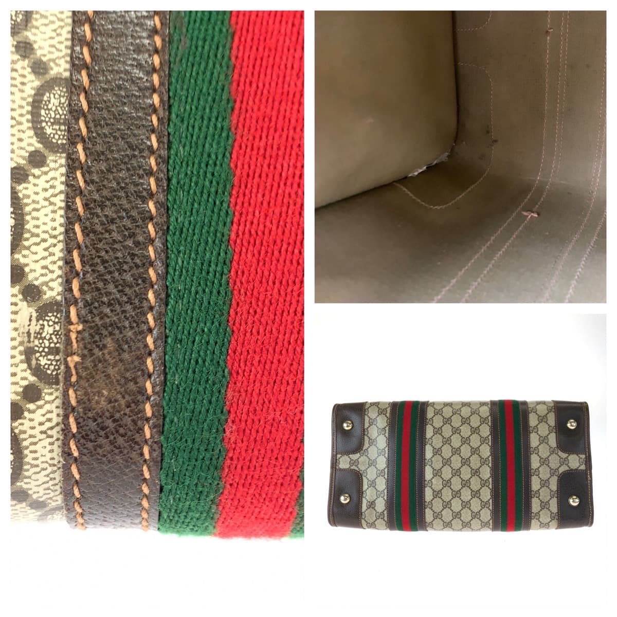 GUCCI グッチ ヴィンテージ オールドグッチ シェリーライン ウェビング ブラウン 茶 ベージュ PVC ハンドバッグ ボストンバッグ  レディース