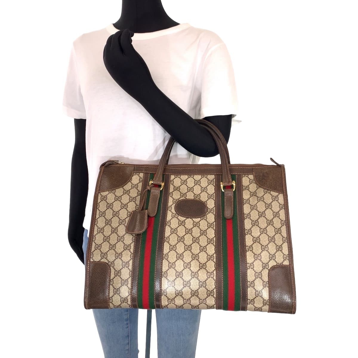 GUCCI グッチ ヴィンテージ オールドグッチ シェリーライン ウェビング ブラウン 茶 ベージュ PVC ハンドバッグ ボストンバッグ  レディース