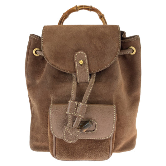 10500
 GUCCI Vintage Bamboo Old Gucci Brown Gold Hardware Suede 003 3444 0030 Backpack Rucksack Women's