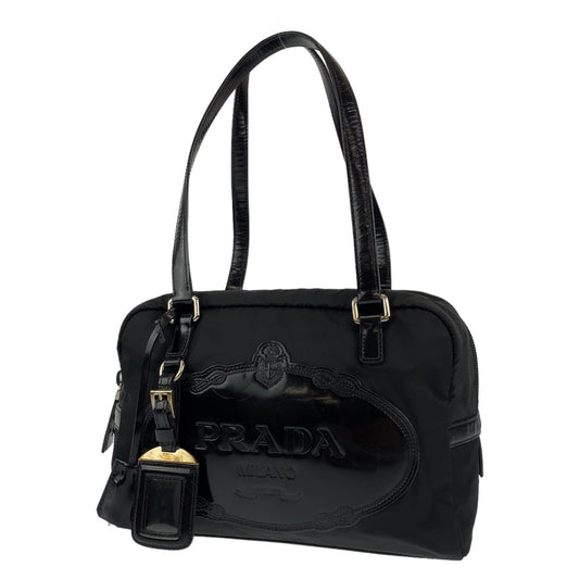 PRADA Prada Tessuto Logo Embossed Black Silver Hardware Nylon/Leather Shoulder Bag for Women