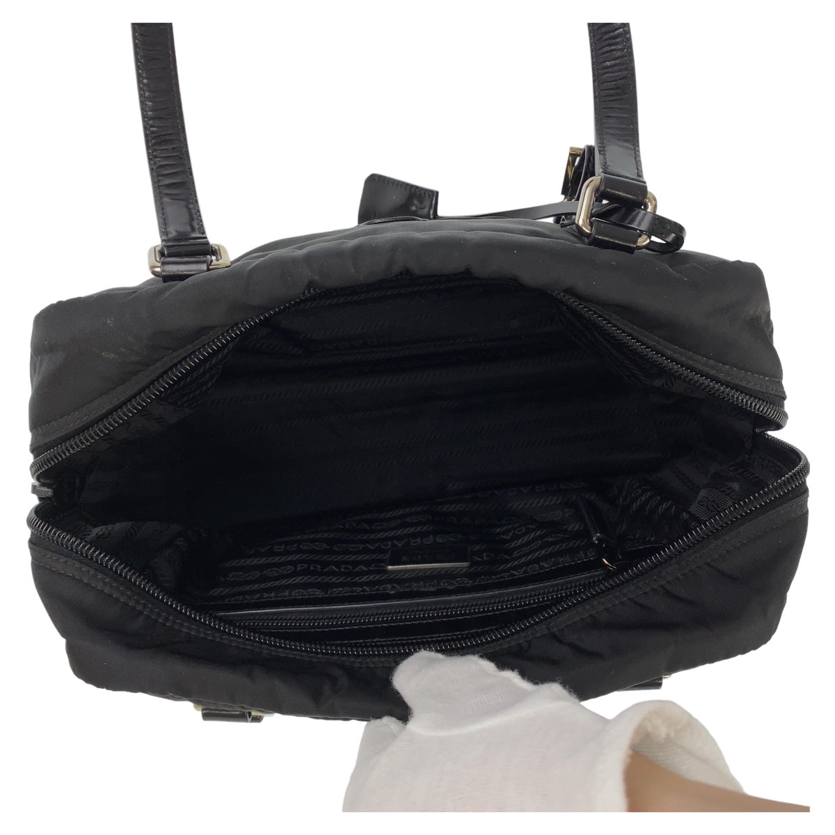 PRADA Prada Tessuto Logo Embossed Black Silver Hardware Nylon/Leather Shoulder Bag for Women