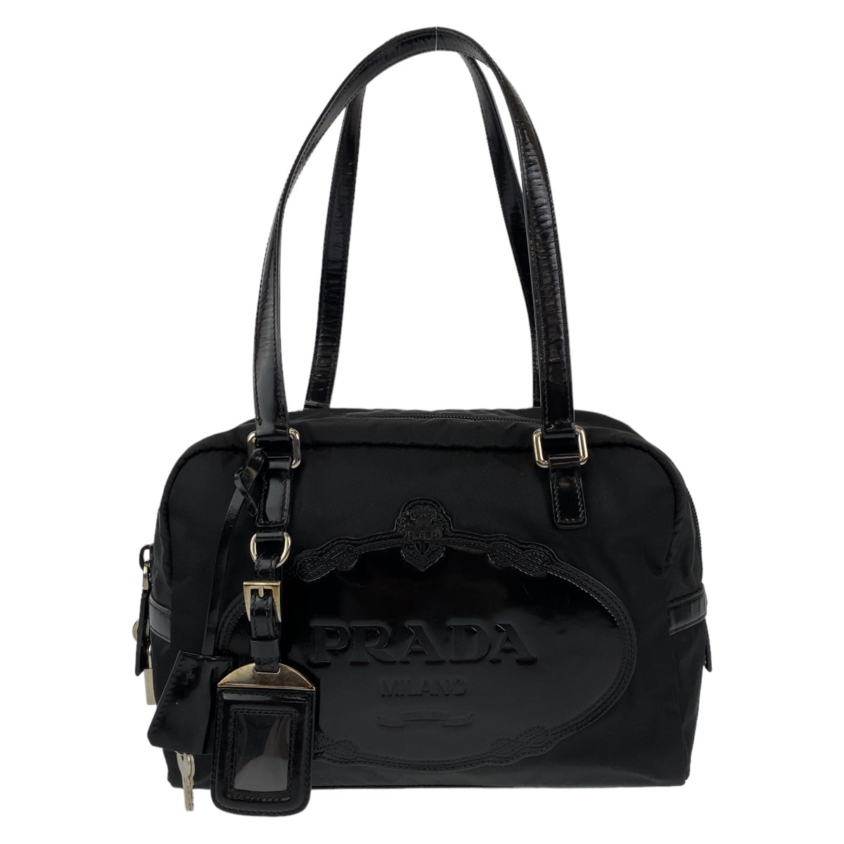 PRADA Prada Tessuto Logo Embossed Black Silver Hardware Nylon/Leather Shoulder Bag for Women