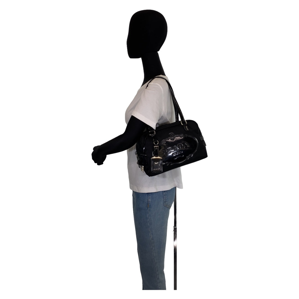 PRADA Prada Tessuto Logo Embossed Black Silver Hardware Nylon/Leather Shoulder Bag for Women