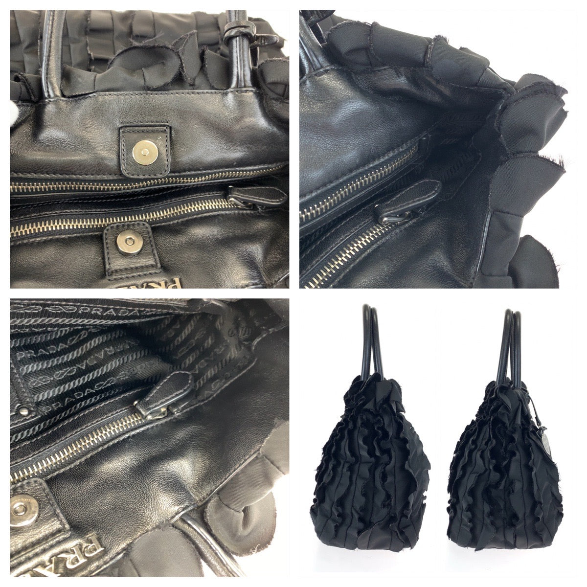 10503
PRADA プラダ テスート フリル ブラック 黒 シルバー金具 ナイロン ハンドバッグ トートバッグ  レディース