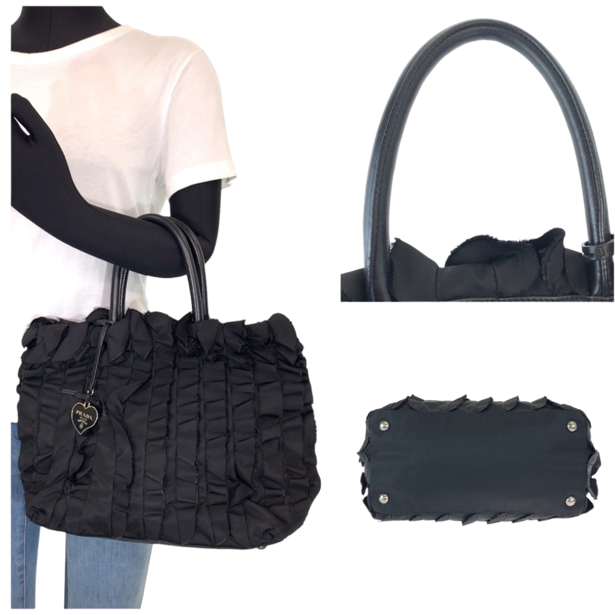 10503
PRADA プラダ テスート フリル ブラック 黒 シルバー金具 ナイロン ハンドバッグ トートバッグ  レディース