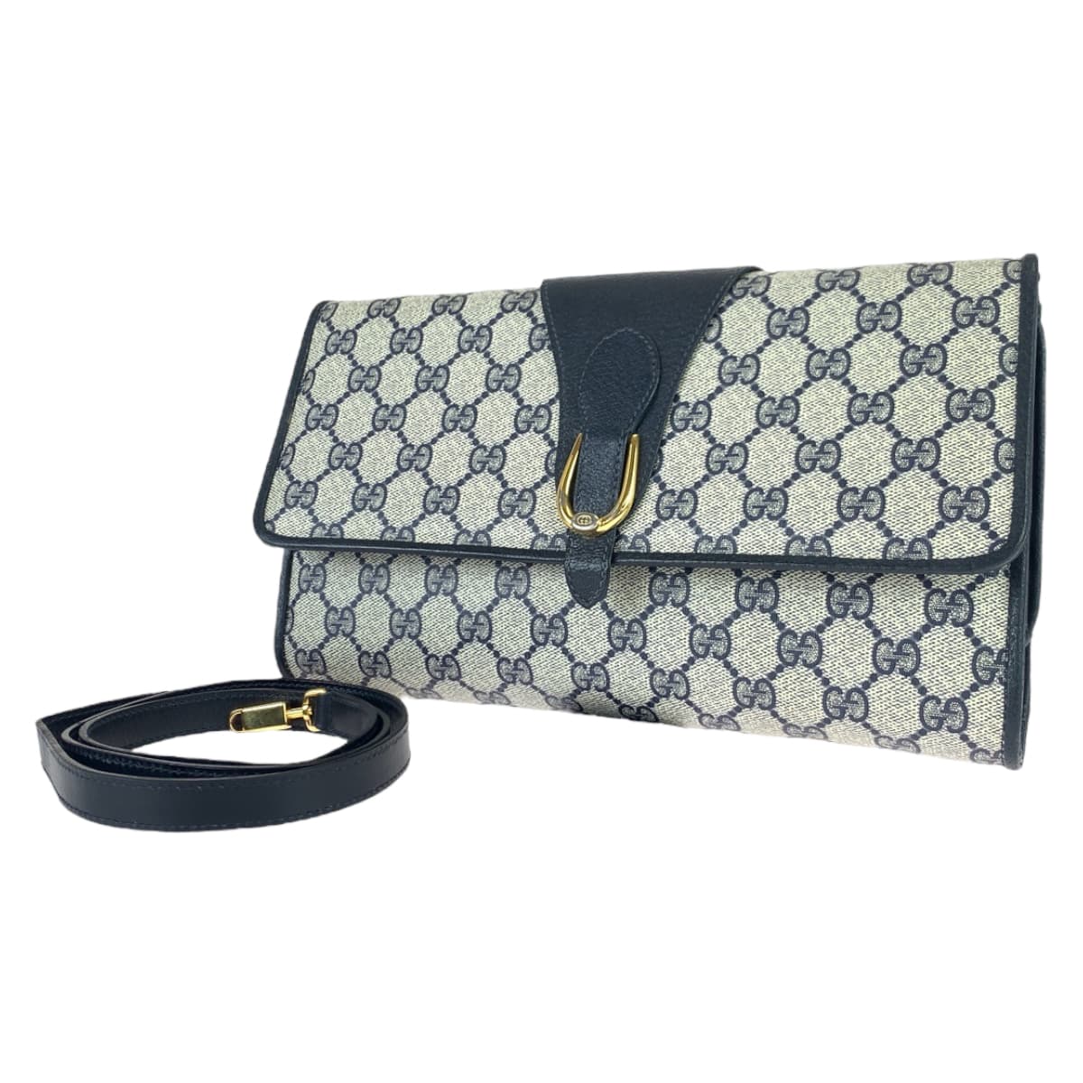 10518
GUCCI グッチ ヴィンテージ オールドグッチ ネイビー グレー ゴールド金具 GGスプリームキャンバス / レザー 40 02 050 斜め掛け ショルダーバッグ  レディース