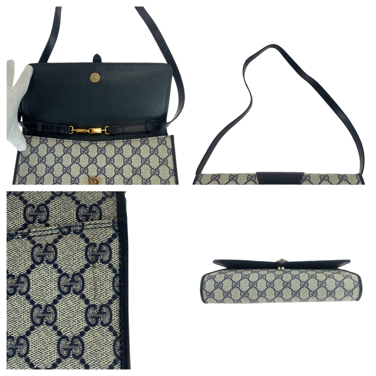 10518
GUCCI グッチ ヴィンテージ オールドグッチ ネイビー グレー ゴールド金具 GGスプリームキャンバス / レザー 40 02 050 斜め掛け ショルダーバッグ  レディース