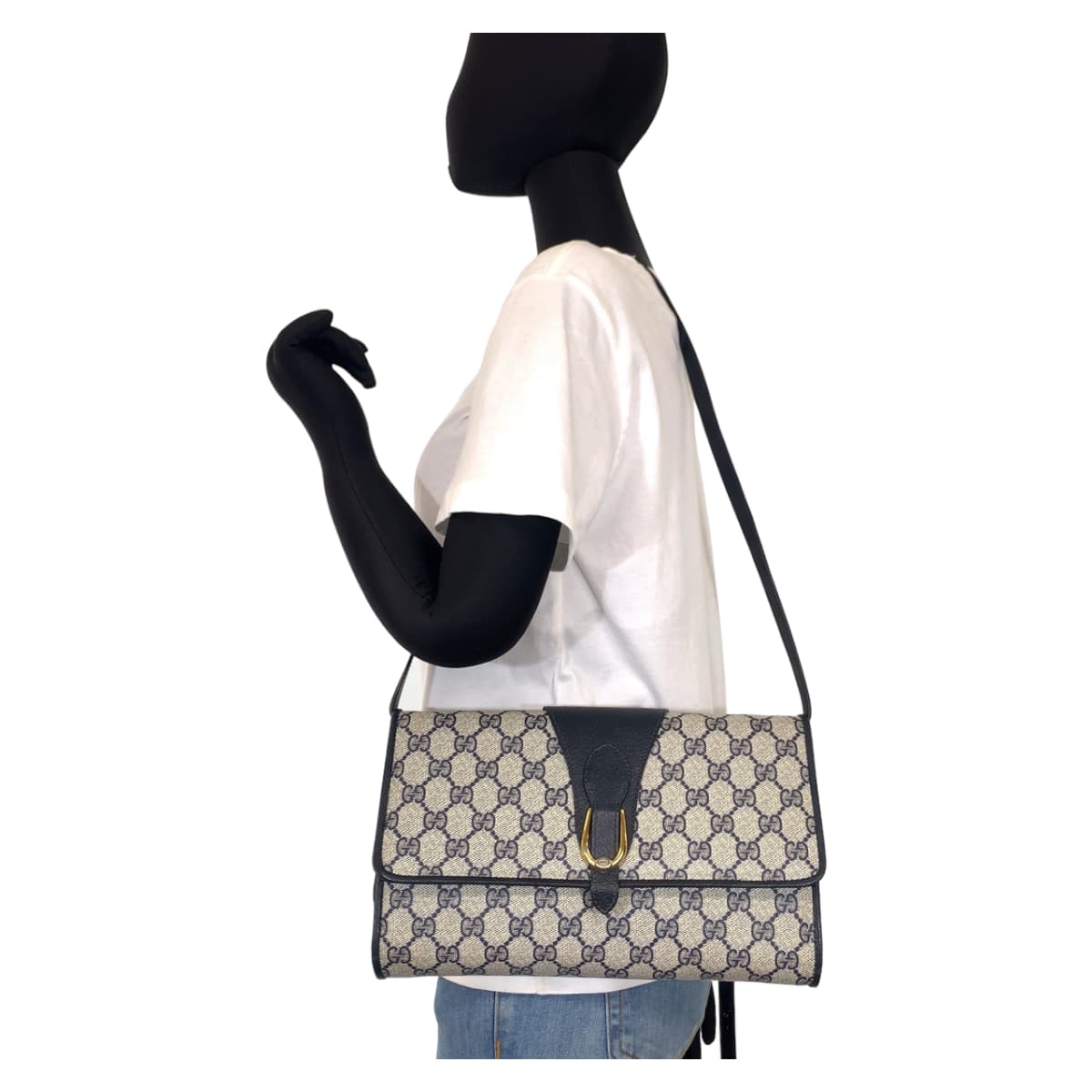 10518
GUCCI グッチ ヴィンテージ オールドグッチ ネイビー グレー ゴールド金具 GGスプリームキャンバス / レザー 40 02 050 斜め掛け ショルダーバッグ  レディース