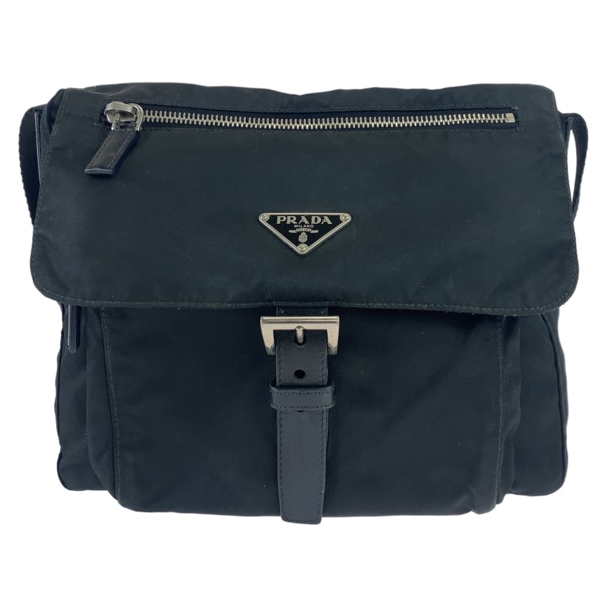 10524
PRADA プラダ テスート 三角ロゴプレート ブラック シルバー金具 ポリエステル / レザー 斜め掛け ショルダーバッグ ポシェット  レディース