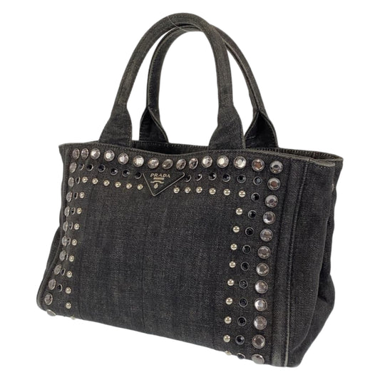 PRADA Prada Canapa Bijou Black Denim B24390 Tote Bag with Triangle Logo Plate for Women