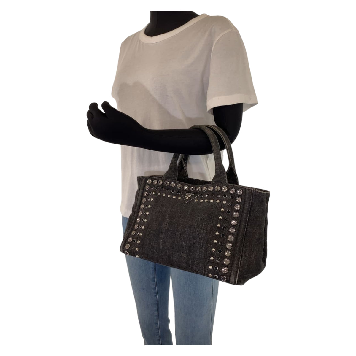 PRADA Prada Canapa Bijou Black Denim B24390 Tote Bag with Triangle Logo Plate for Women