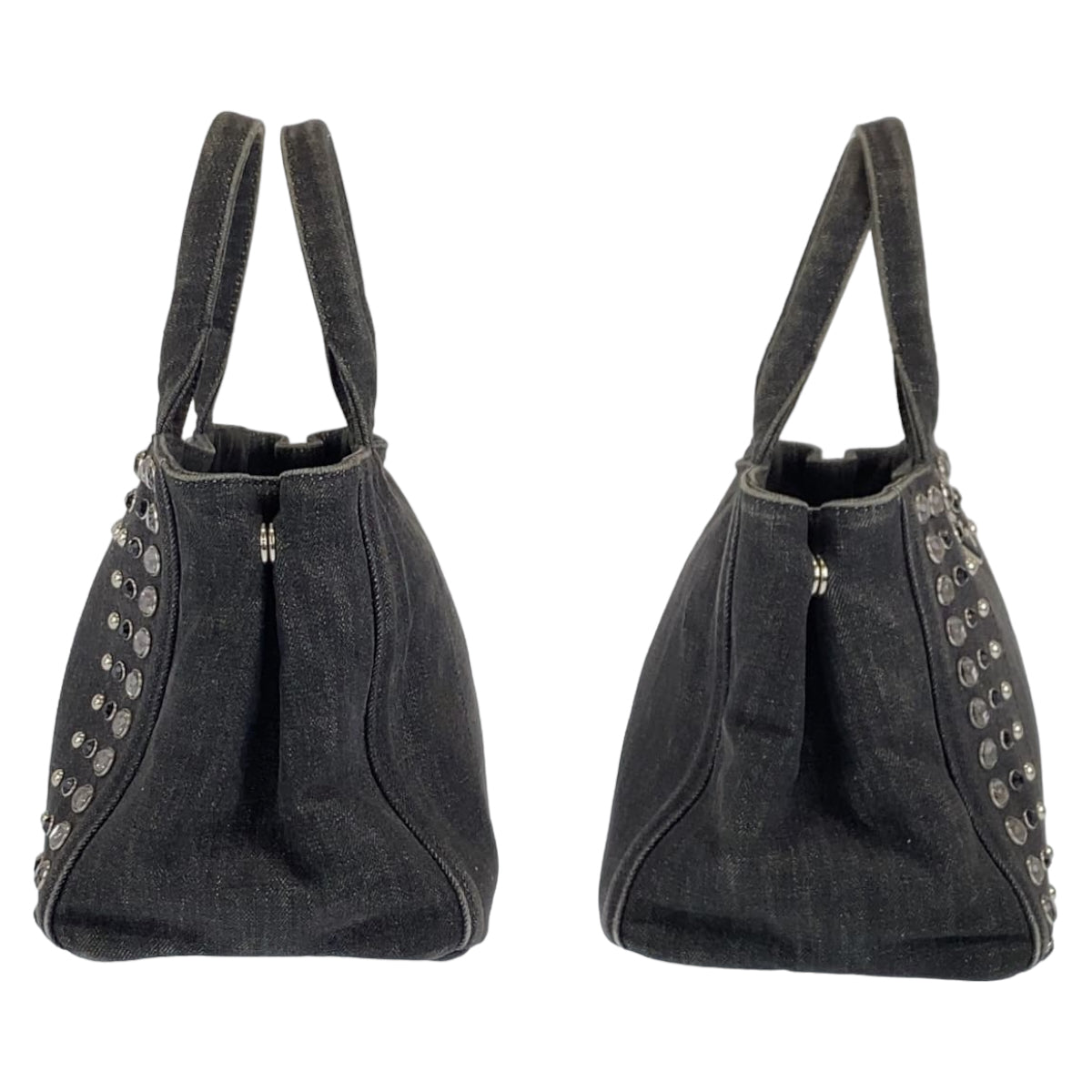 PRADA Prada Canapa Bijou Black Denim B24390 Tote Bag with Triangle Logo Plate for Women