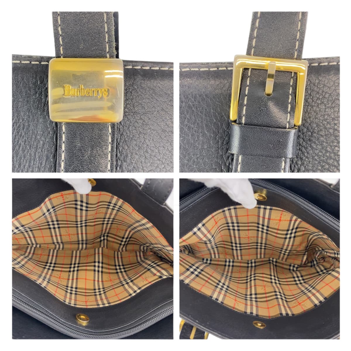 BURBERRY バーバリー ノバチェック ロゴプレート ブラック 黒 ゴールド金具 レザー ハンドバッグ トートバッグ  レディース