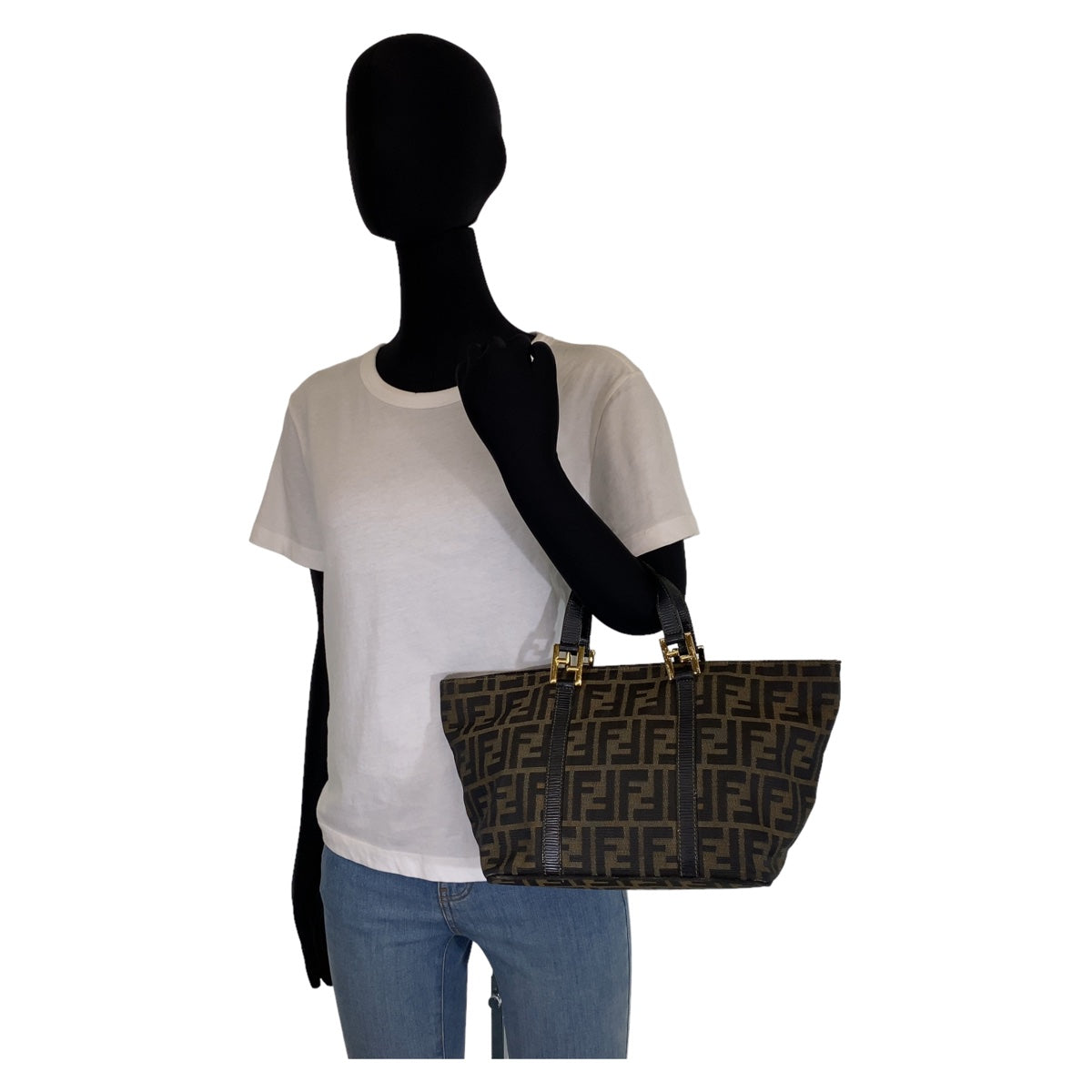 FENDI フェンディ ズッカ ブラウン 茶 ゴールド金具 キャンバス / レザー ハンドバッグ トートバッグ  レディース