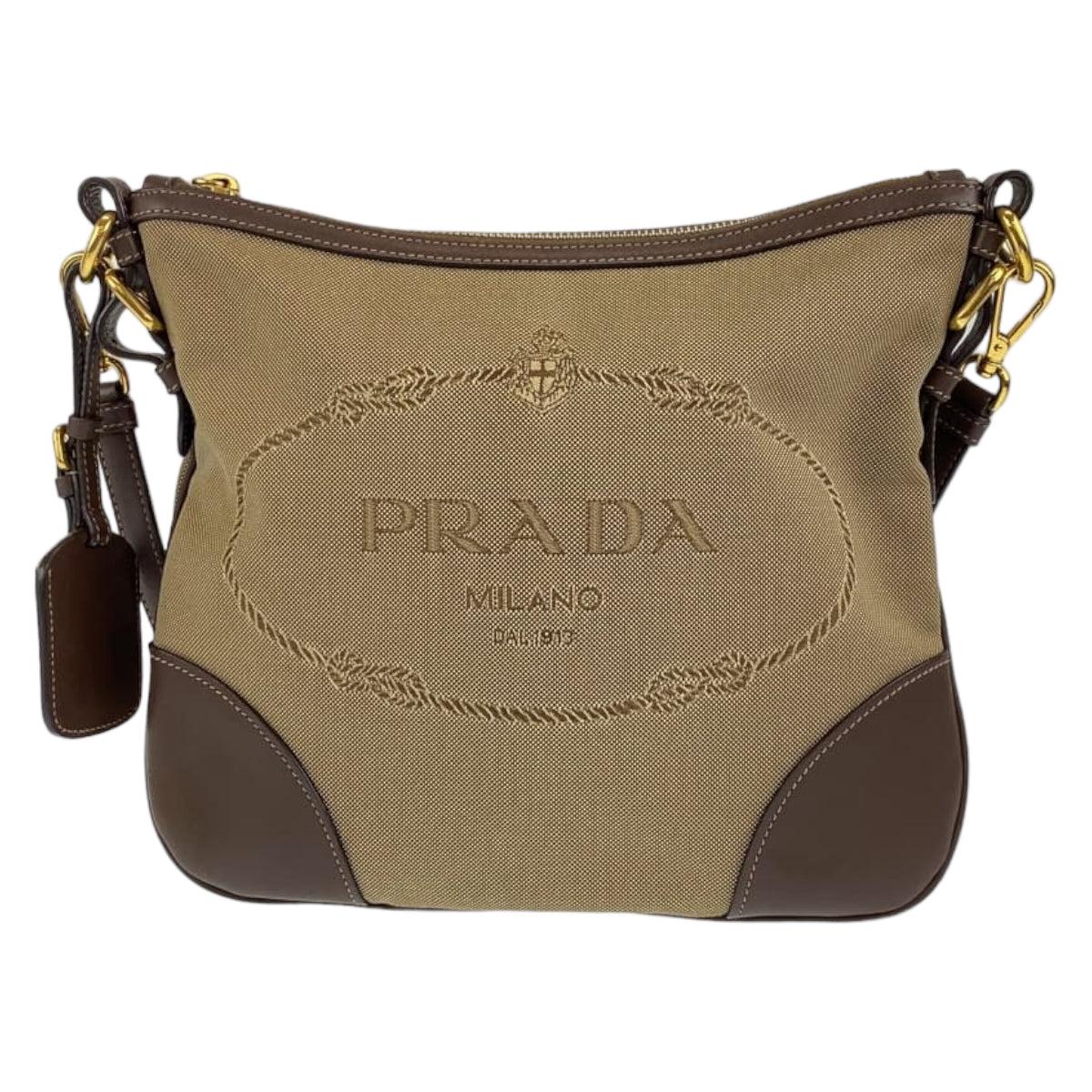 10528
PRADA プラダ ロゴジャガード ベージュ ブラウン キャンバス ショルダーバッグ 斜め掛け ポシェット 男女兼用  レディース A46