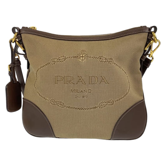 10528
PRADA プラダ ロゴジャガード ベージュ ブラウン キャンバス ショルダーバッグ 斜め掛け ポシェット 男女兼用  レディース