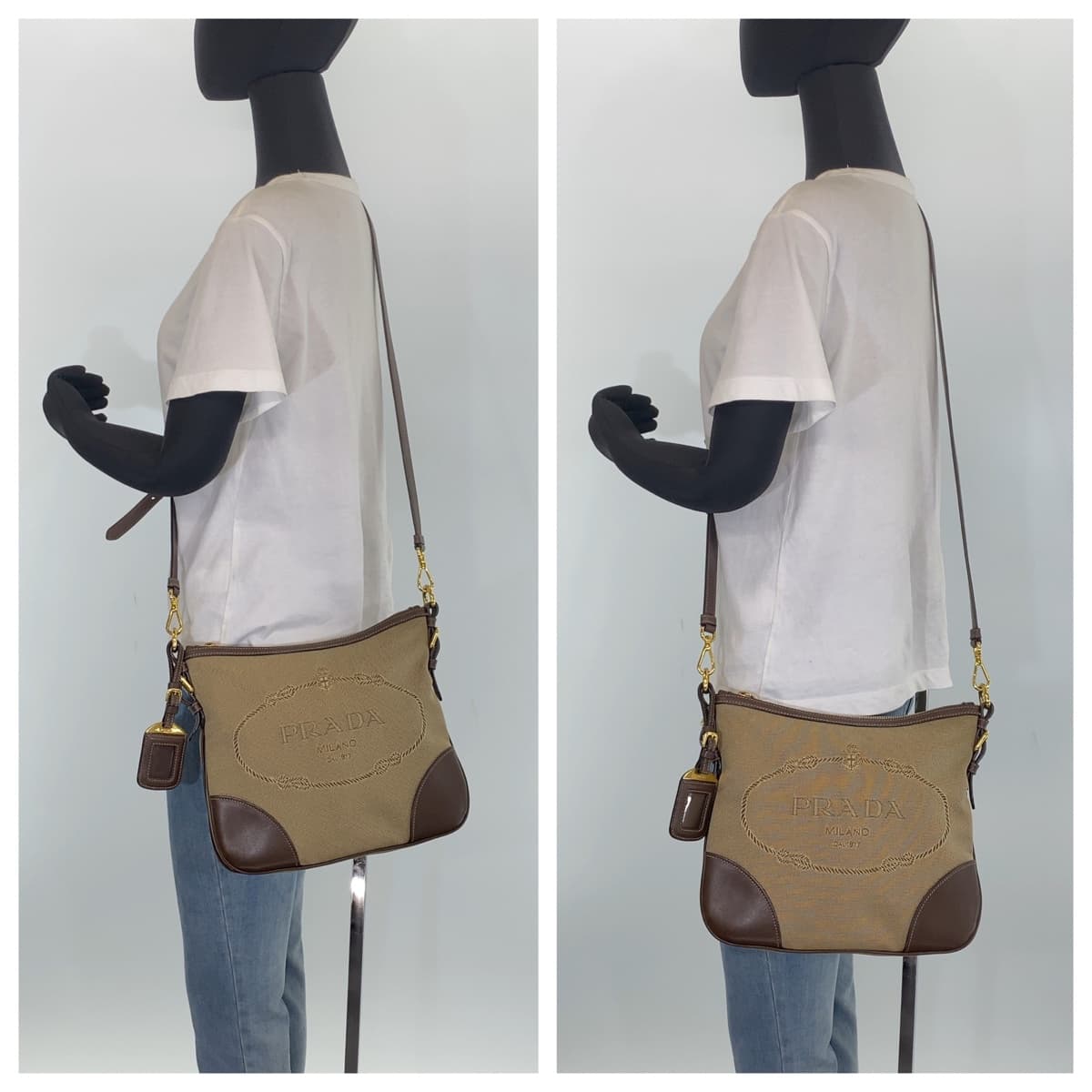 10528
PRADA プラダ ロゴジャガード ベージュ ブラウン キャンバス ショルダーバッグ 斜め掛け ポシェット 男女兼用  レディース A46