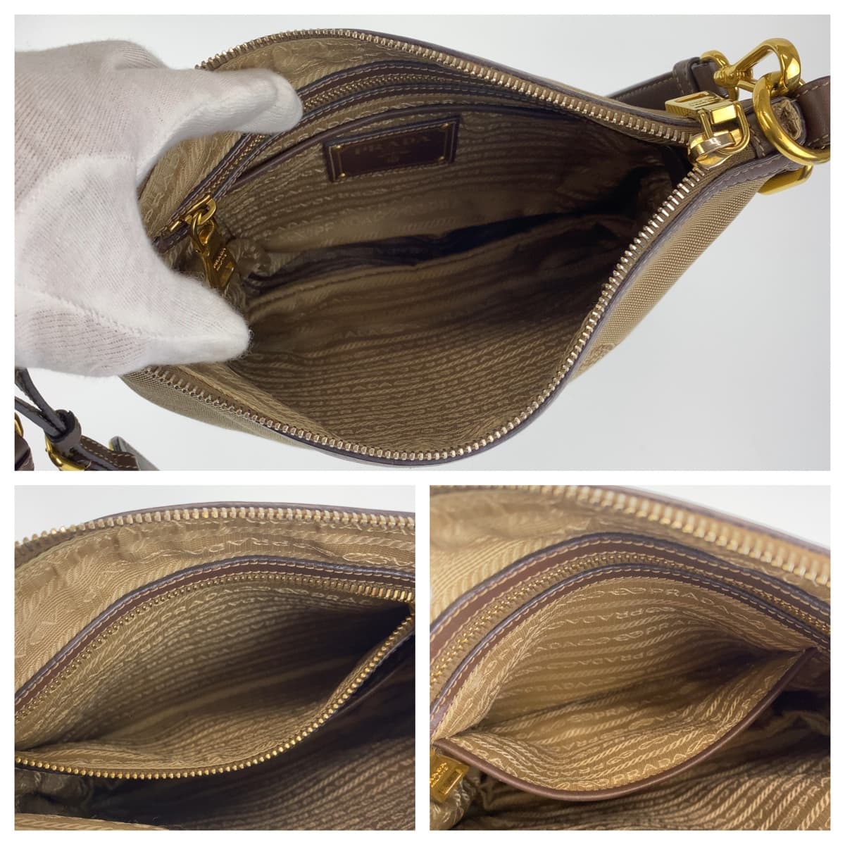 10528
PRADA プラダ ロゴジャガード ベージュ ブラウン キャンバス ショルダーバッグ 斜め掛け ポシェット 男女兼用  レディース A46