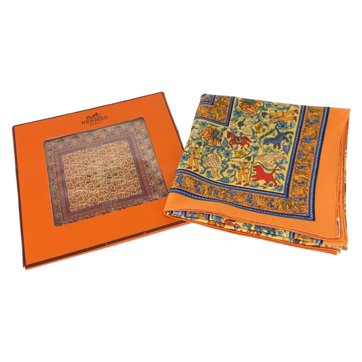 10534
HERMES エルメス インドの狩猟 カレ90 オレンジ シルク スカーフ ストール  レディース