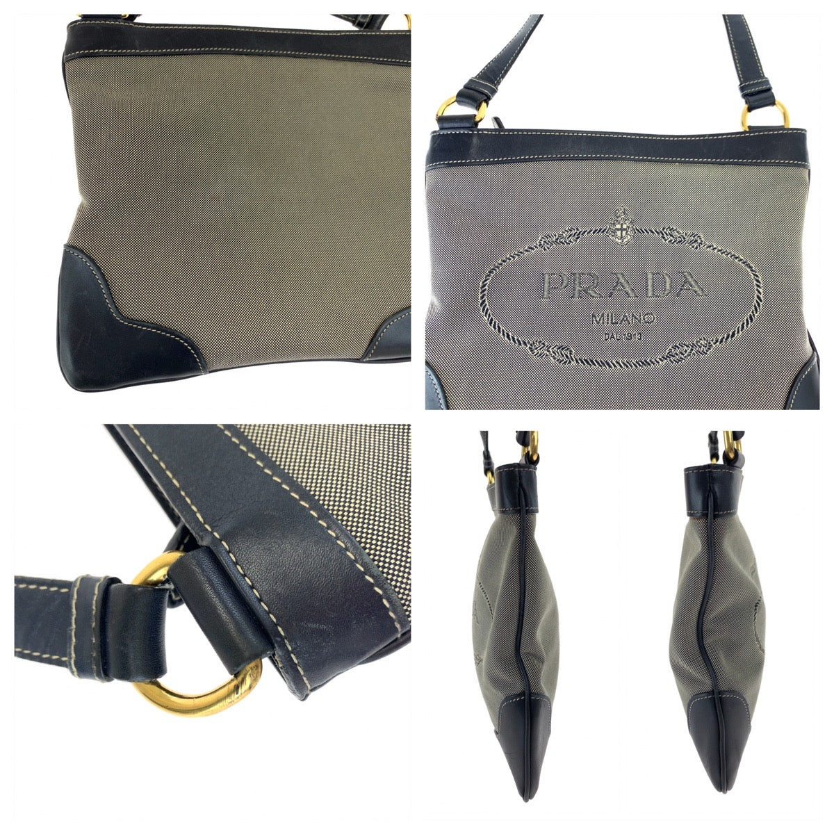 10536
PRADA プラダ ロゴジャガード ブラック 黒 グレー ゴールド金具 キャンバス / レザー ショルダーバッグ 斜め掛け メッセンジャーバッグ  メンズ