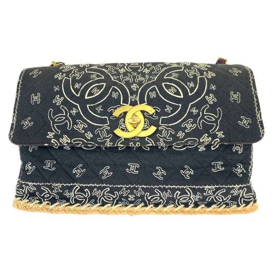 10542
 CHANEL Vintage Bandana Pattern Matelasse Coco Mark Turnlock Black Gold Hardware Cotton Shoulder Bag Crossbody Women's