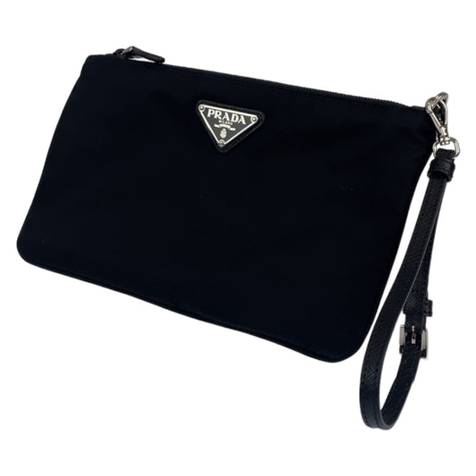 PRADA Prada Triangle Plate Black Nylon Wristlet Pouch Unisex Men's