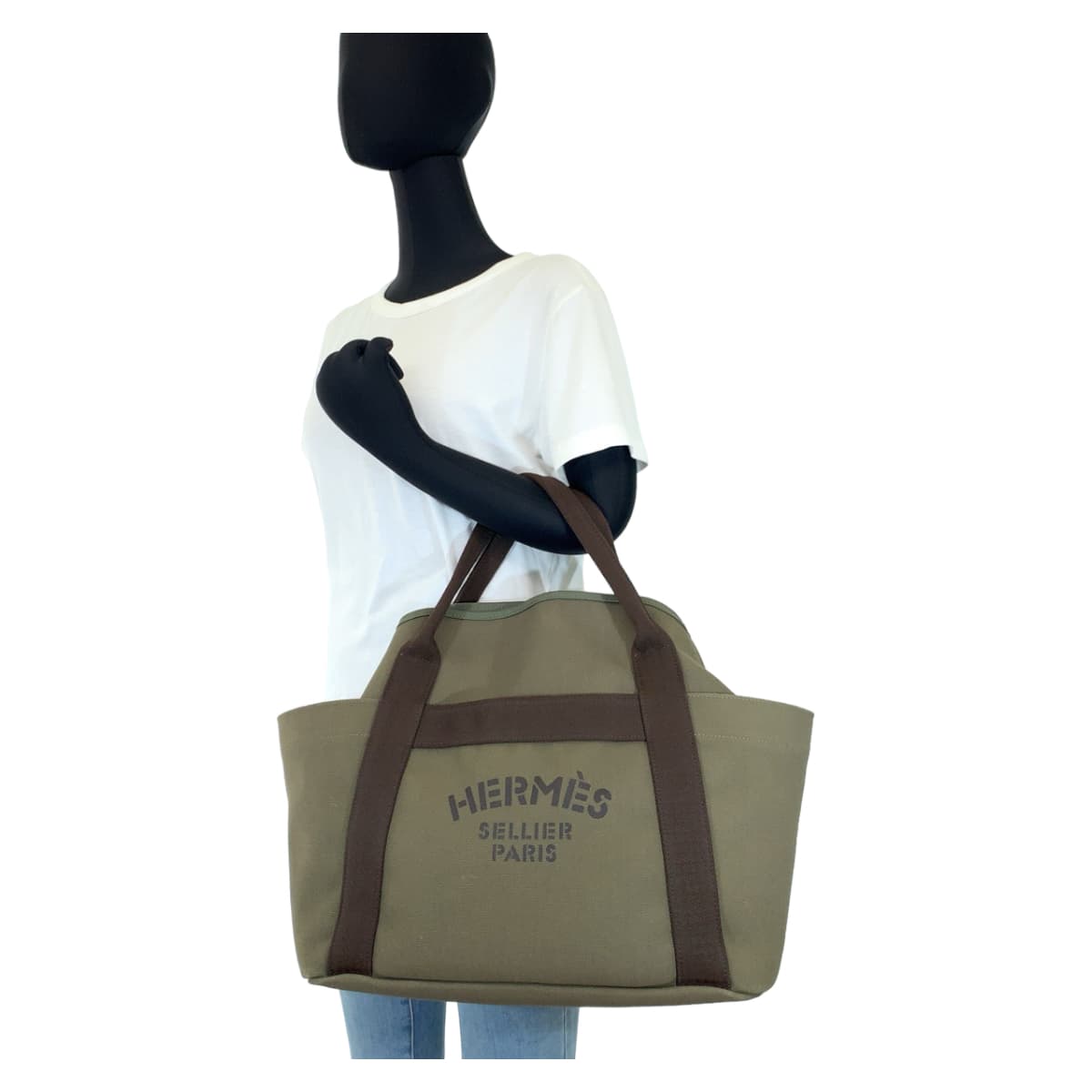 HERMES エルメス サックドパンサージュ グルーム 男女兼用 カーキ キャンバス トートバッグ ハンドバッグ X刻印  メンズ