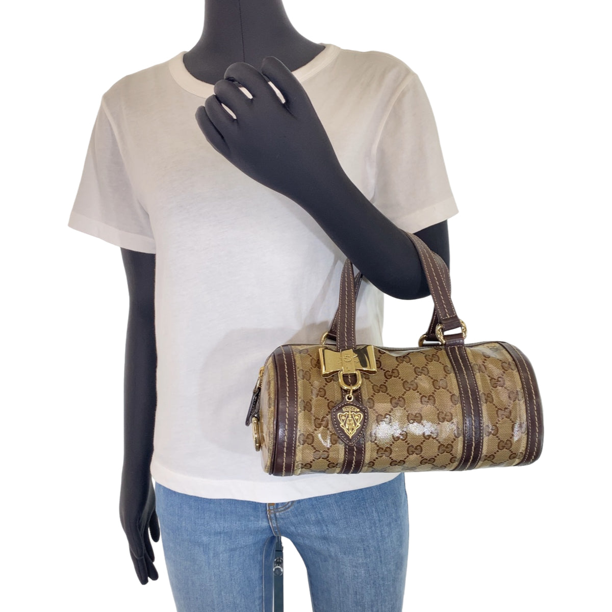 GUCCI グッチ GGクリスタル パピヨン ベージュ ブラウン 茶 ゴールド金具 レザー 181485 ミニボストンバッグ ハンドバッグ  レディース