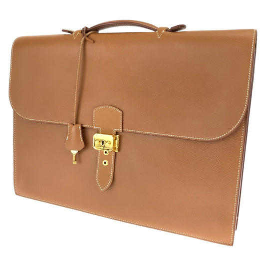 HERMES エルメス サックアデペッシュ41 ゴールド ブラウン 茶 レザー / クシュベル ビジネスバッグ ブリーフバッグ  メンズ