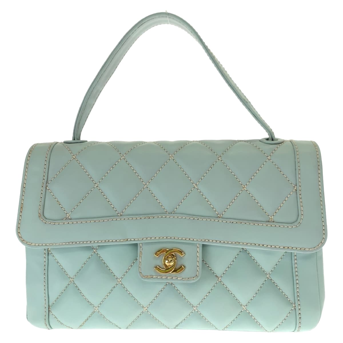 CHANEL シャネル ヴィンテージ マトラッセ ワイルドステッチ ココマーク ターンロック ライトブルー 水色 ゴールド金具 ラムスキン ハンドバッグ トートバッグ  レディース