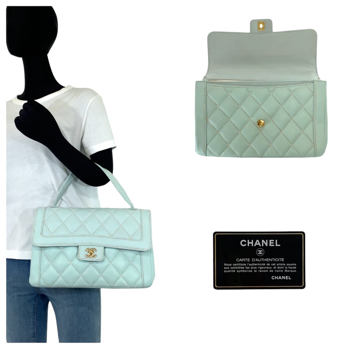 CHANEL シャネル ヴィンテージ マトラッセ ワイルドステッチ ココマーク ターンロック ライトブルー 水色 ゴールド金具 ラムスキン ハンドバッグ トートバッグ  レディース