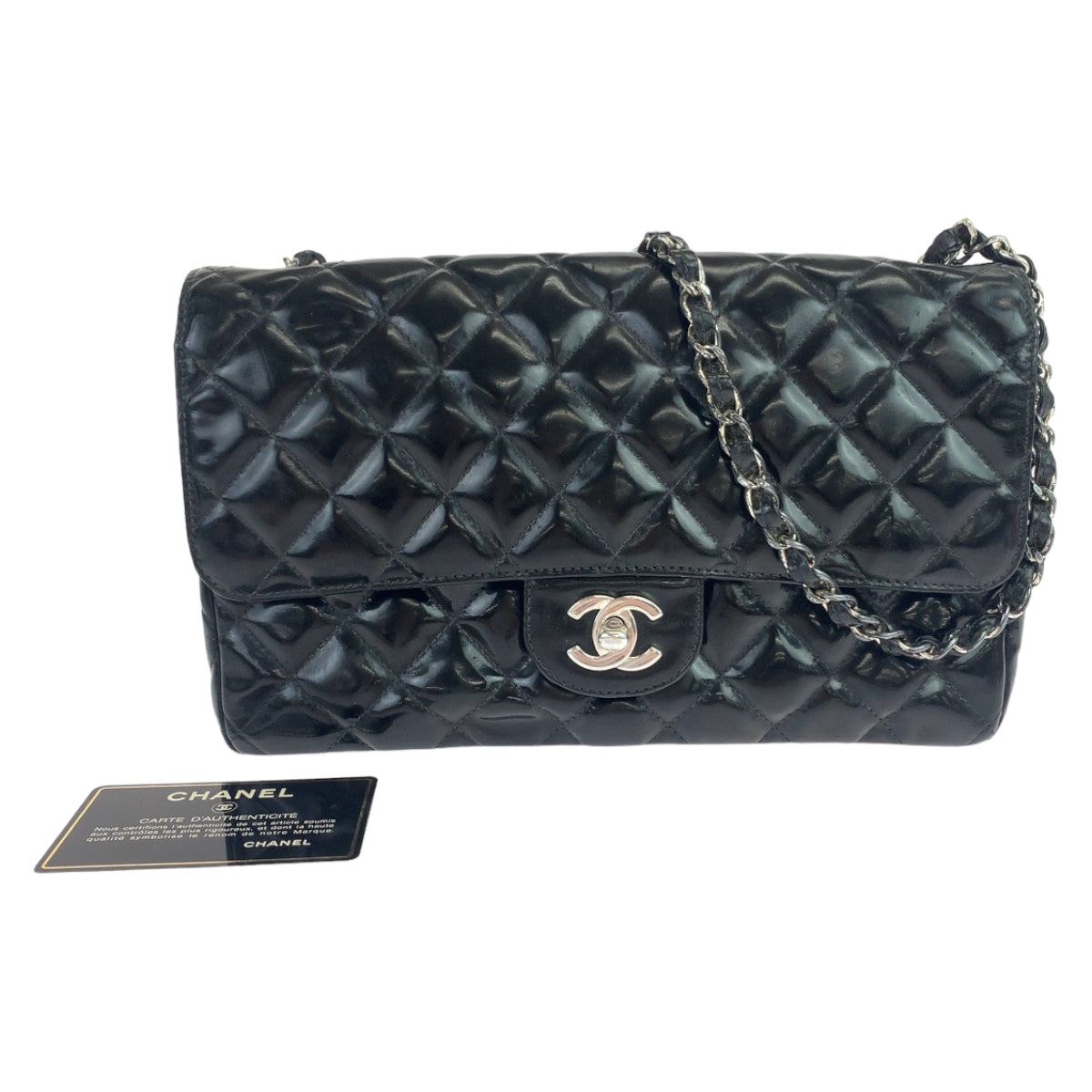 CHANEL シャネル ヴィンテージ マトラッセ クラシックフラップ ココマーク ターンロック エナメル ブラック 黒  シルバー金具 パテントレザー チェーンショルダー 斜め掛け  レディース