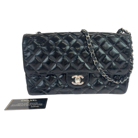 CHANEL シャネル ヴィンテージ マトラッセ クラシックフラップ ココマーク ターンロック エナメル ブラック 黒  シルバー金具 パテントレザー チェーンショルダー 斜め掛け  レディース