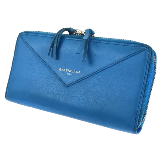 BALENCIAGA バレンシアガ ペーパーコンチネンタル スカイブルー シルバー金具 レザー 381226 ジップアラウンド ラウンドファスナー 男女兼用  レディース