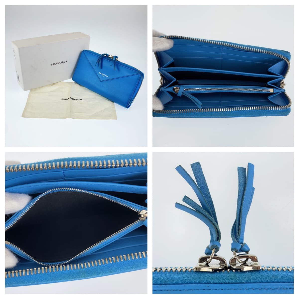 BALENCIAGA バレンシアガ ペーパーコンチネンタル スカイブルー シルバー金具 レザー 381226 ジップアラウンド ラウンドファスナー 男女兼用  レディース